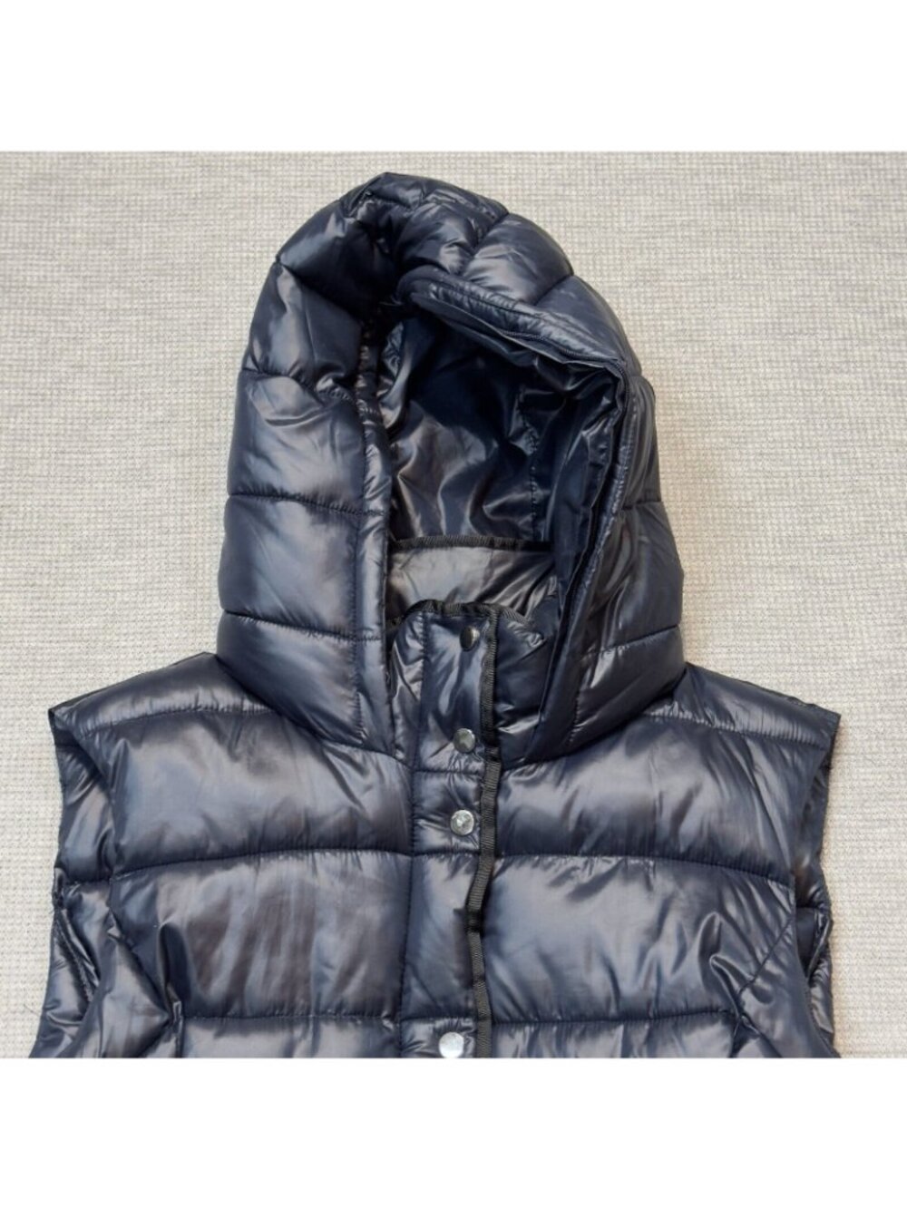 Zara Trafaluc Hooded Puffer Vest Womens Size S Blue Snap Zip Pockets Black Trim - Picture 14 of 16